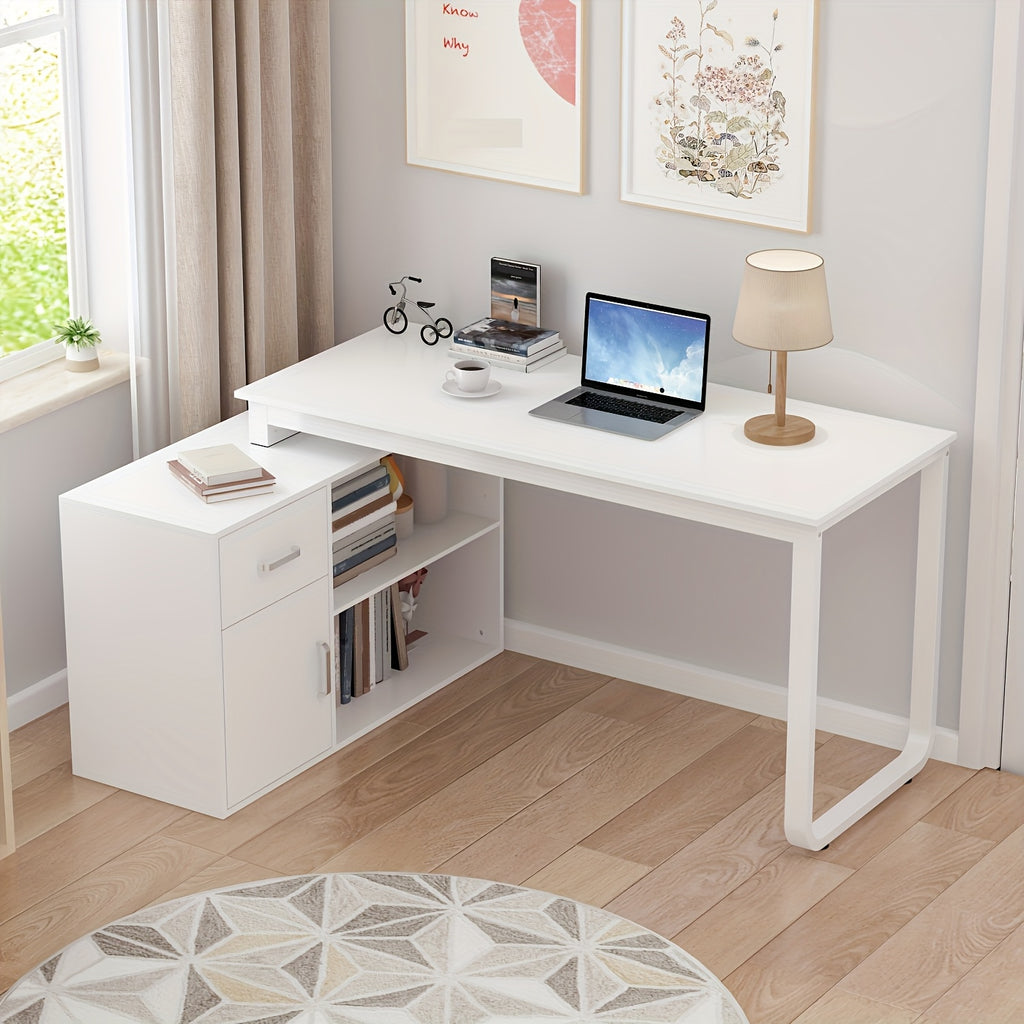 Modern L-shaped Computer Desk Modern L-shaped Computer Desk with Drawer | Open Shelves, Filing Cabinet & Spacious Desktop for Home Office, Study Room - White