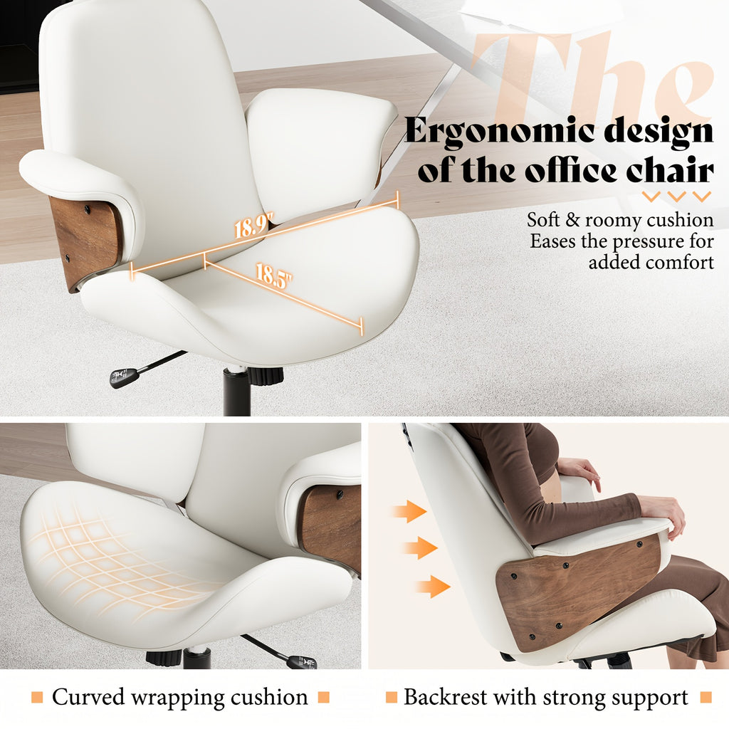 Ergonomic Home Office Chair With Wheels – PU Leather Swivel Desk Chair With Bentwood Arms, Lumbar Support & Headrest