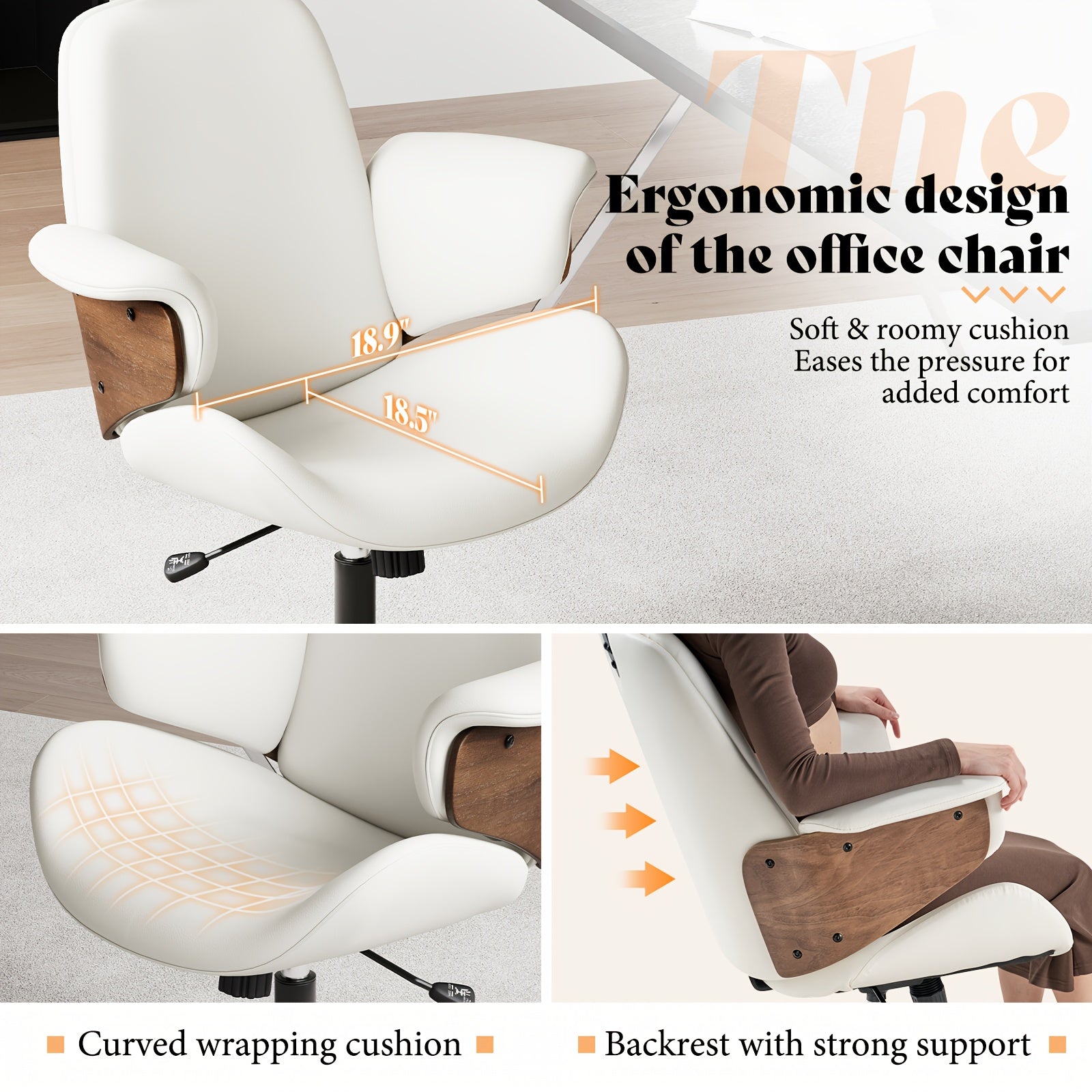 Ergonomic Home Office Chair With Wheels – PU Leather Swivel Desk Chair With Bentwood Arms, Lumbar Support & Headrest