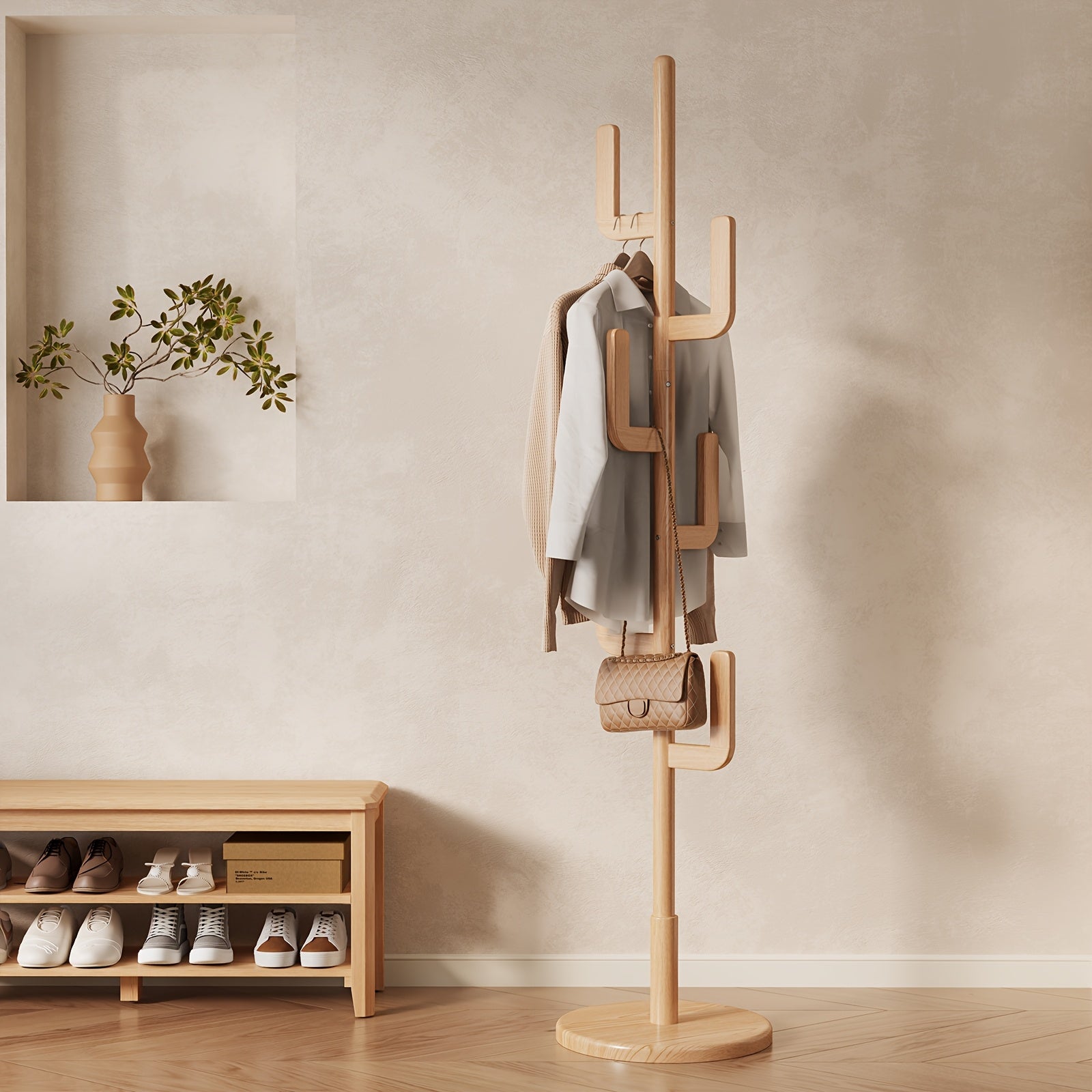 KASLANDI Office FurnitureFree Shipping Solid Wood Cactus Coat Rack in Classic Natural Wood with Grid Storage Rack, Adjustable Height, Sturdy and Easy to Assemble, Furniture for Home, Valentine'S Day Gift