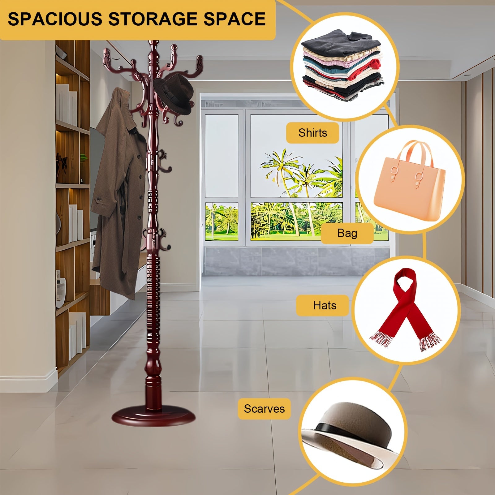 Coat Rack Freestanding, Wooden Coat Rack 14 Hooks, Solid Tree Coat Hanger Stable Disc Base, Adjustable Floor Hanger, for Bedroom Office Hallway Entryway