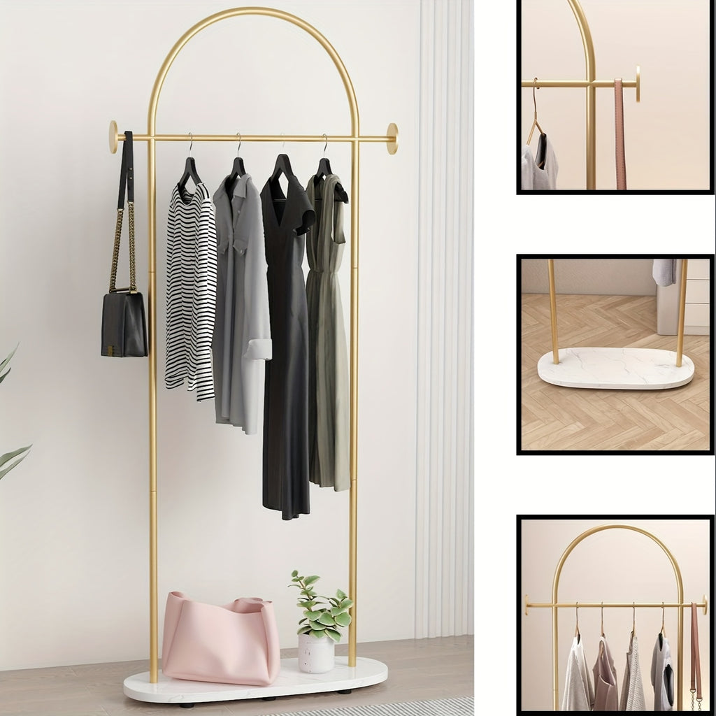 Heavy Duty Golden Clothing Rack with Adjustable Shelf & Hooks - Freestanding Metal Coat Hanger Stand for Home, Office, Boutique - Space-Saving Modern Design with Storage, 31.5\