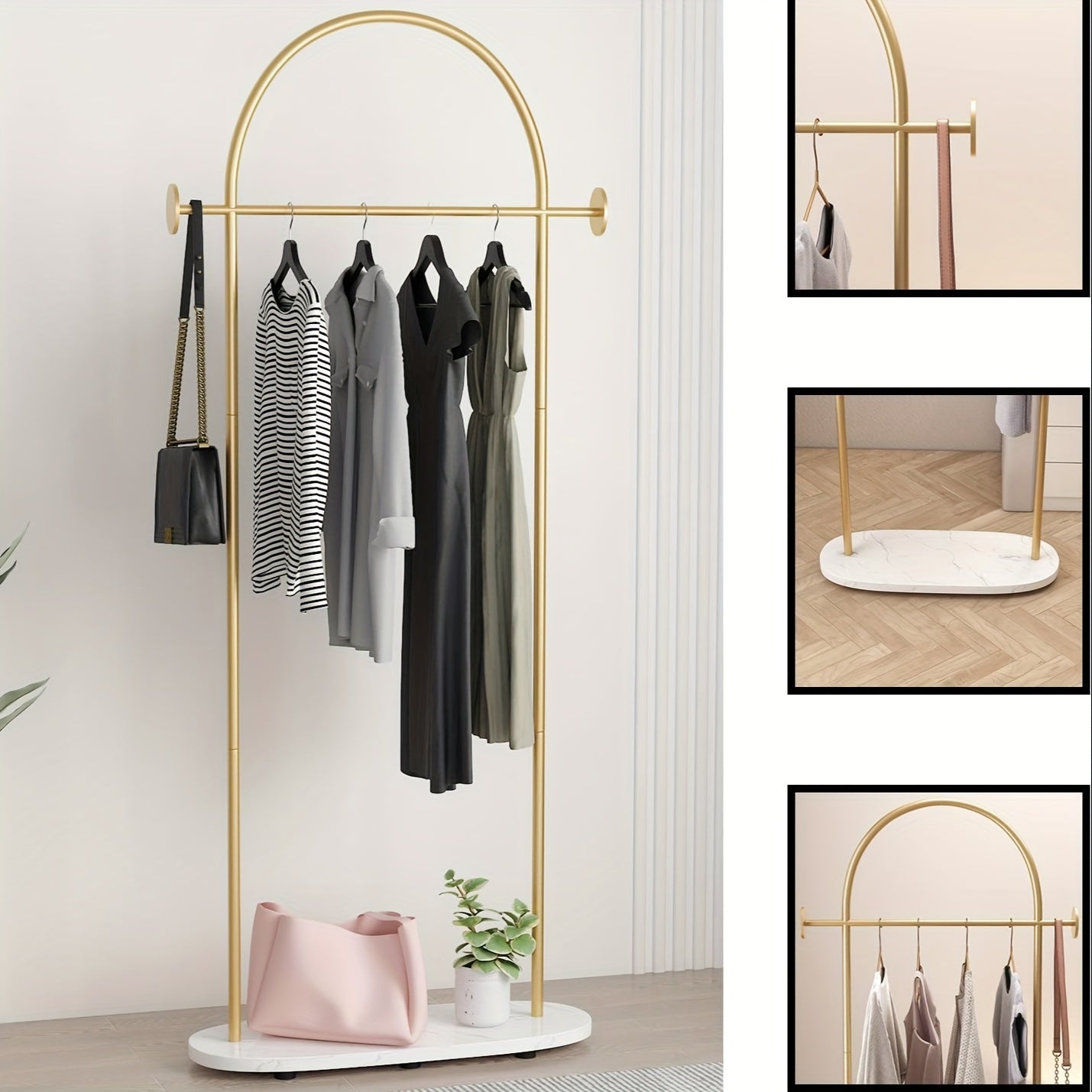 Heavy Duty Golden Clothing Rack with Adjustable Shelf & Hooks - Freestanding Metal Coat Hanger Stand for Home, Office, Boutique - Space-Saving Modern Design with Storage, 31.5\