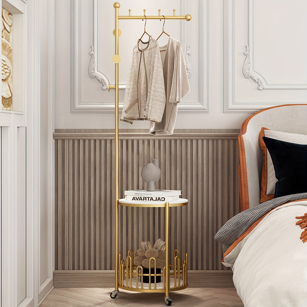 Sturdy Freestanding Iron Garment Rack with Storage Shelf and Hooks, Golden Single Rod Clothing Rack with Wheels and Table - 15.7in x 15.7in x 66.9in