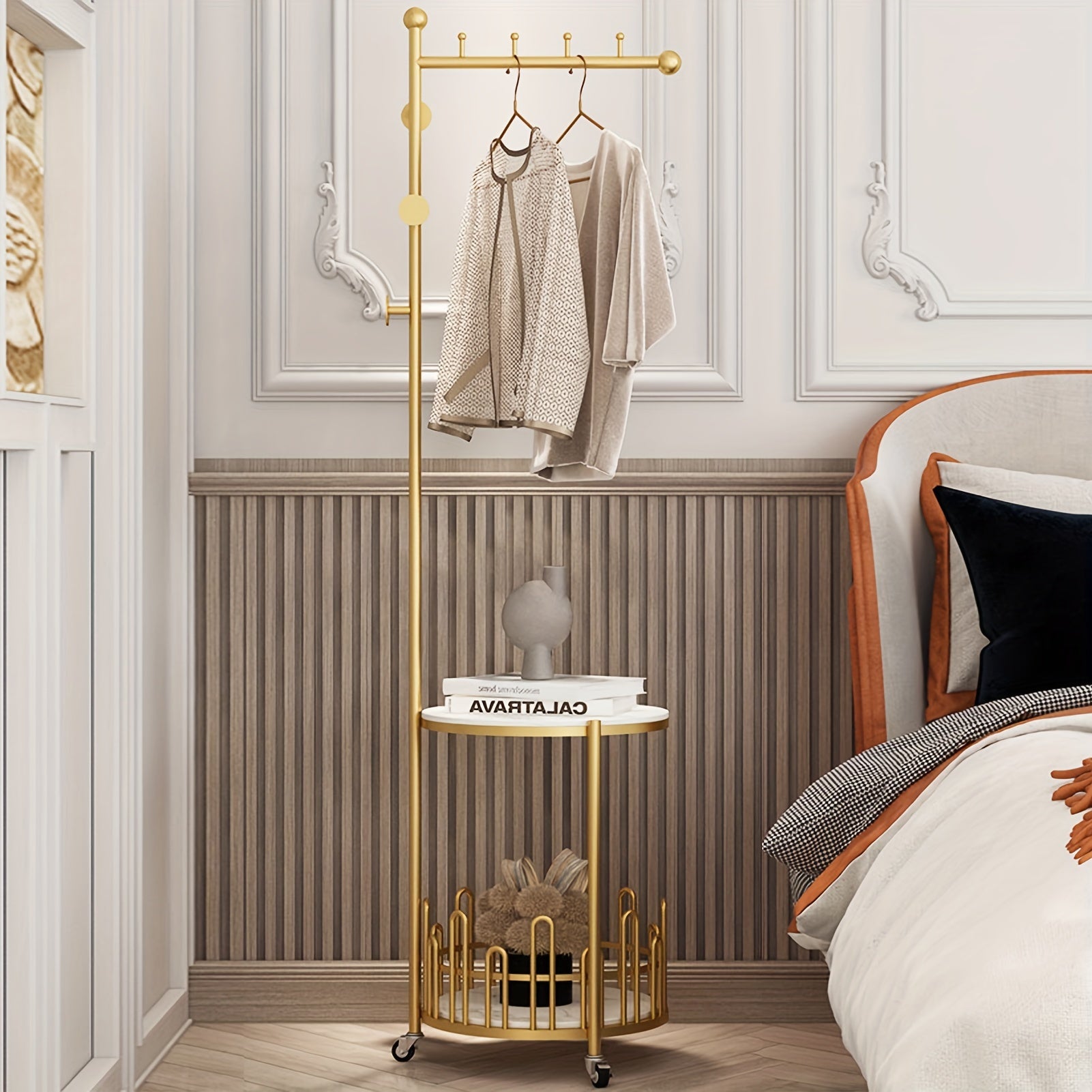 Sturdy Freestanding Iron Garment Rack with Storage Shelf and Hooks, Golden Single Rod Clothing Rack with Wheels and Table - 15.7in x 15.7in x 66.9in