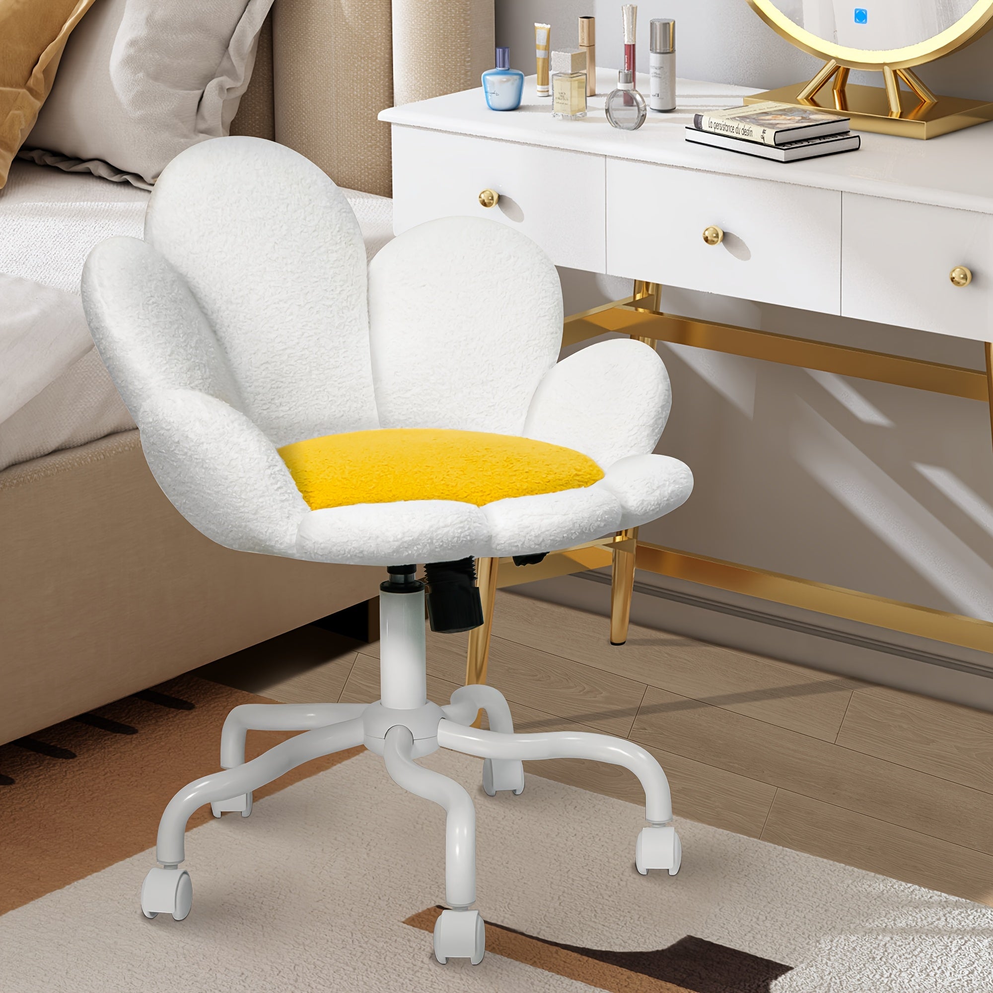 1pc Modern Adjustable Height Swivel Task Chair, Upholstered Petal Design Desk Chair with Mid-Back, Manual Rocking Operation, Painted Finish, Carpet Surface Compatible, Includes Casters - Home Office Computer Chair