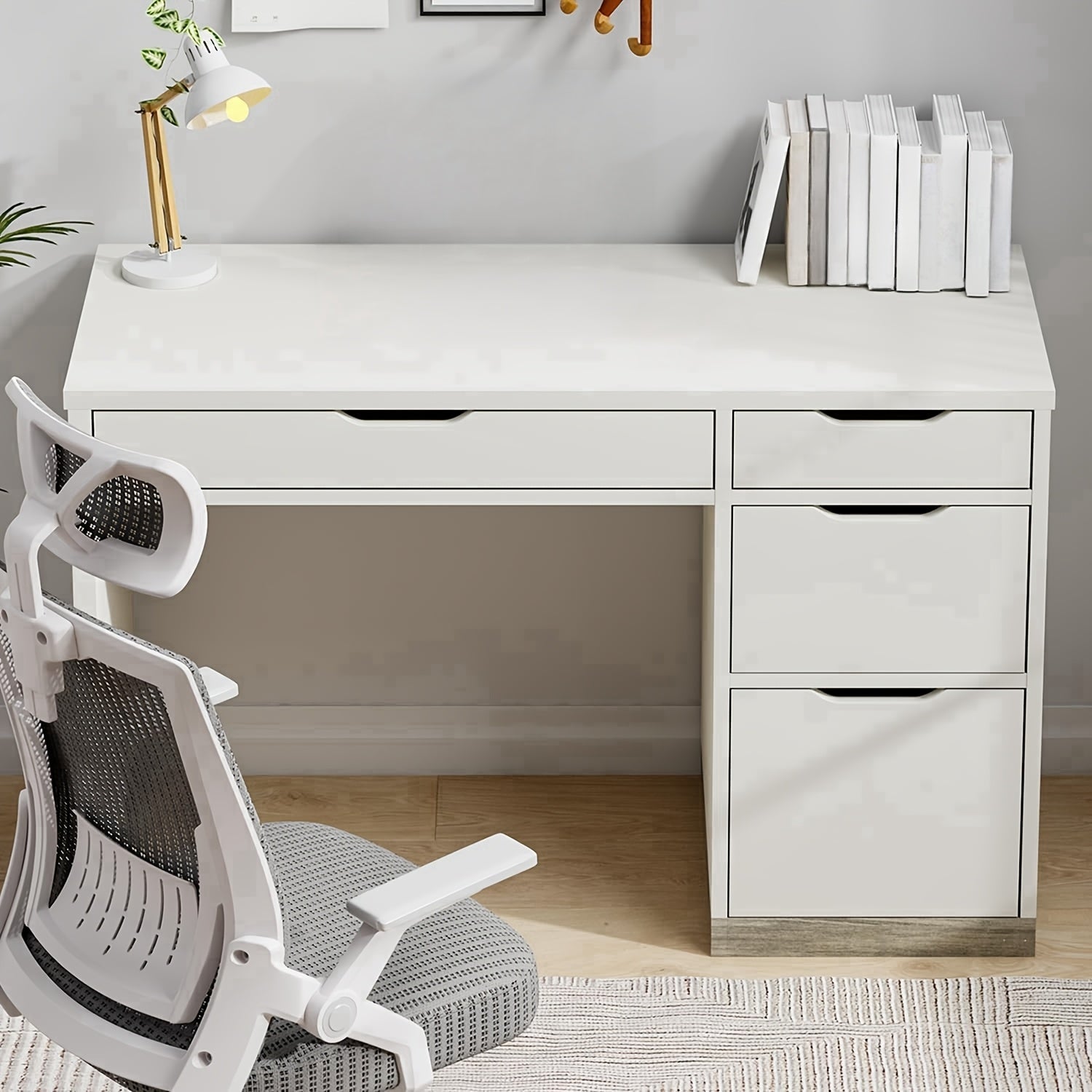 White And Walnut\u002FBrown\u002FWhite Computer Desk With Storage Drawers, Study Desk With 4 Drawers And File Cabinet, For Bedroom, Small Space, White And Walnut\u002FBrown\u002FWhite