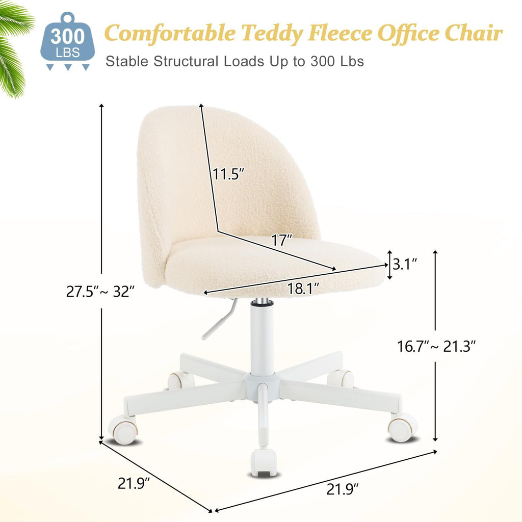 VINGLI Modern Teddy Fluffy Small Office Chair,Cute Desk Chair with Wheels,Gold Base\u002FStuds, Comfy Armless Swivel Vanity Task Chair, Nail Tech Chair for Bedroom,Small Space