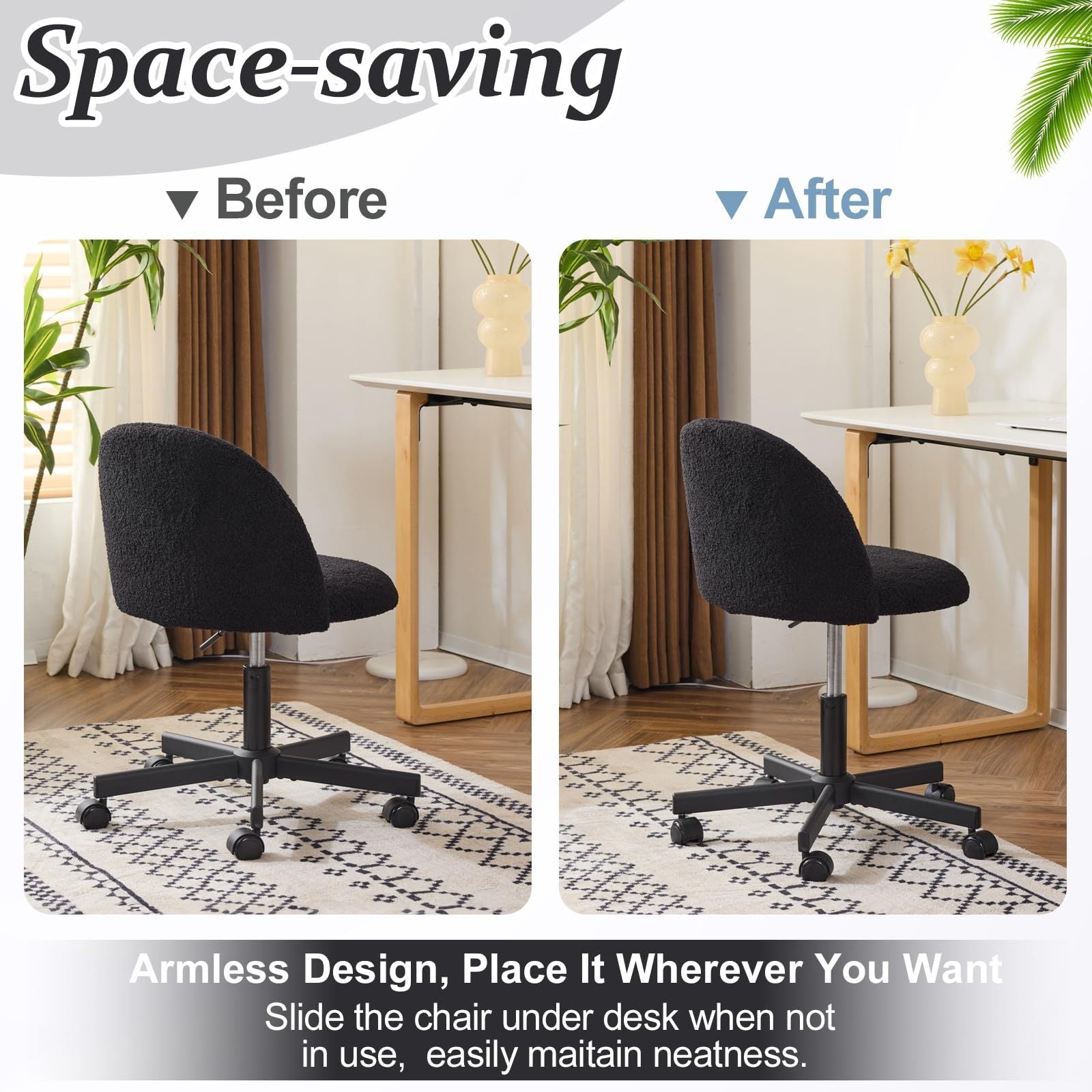 VINGLI Modern Teddy Fluffy Small Office Chair,Cute Desk Chair with Wheels,Gold Base\u002FStuds, Comfy Armless Swivel Vanity Task Chair, Nail Tech Chair for Bedroom,Small Space