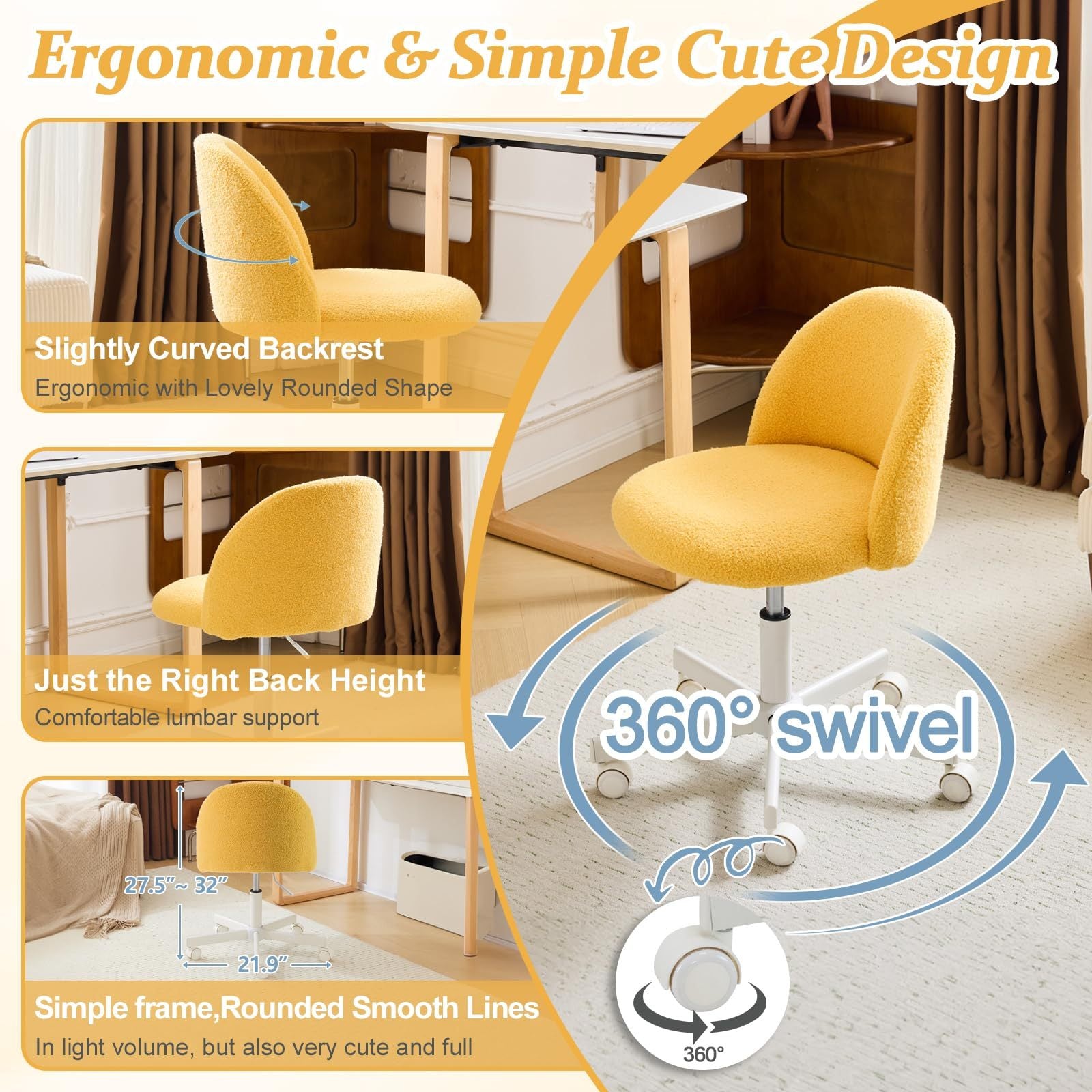 VINGLI Modern Teddy Fluffy Small Office Chair,Cute Desk Chair with Wheels,Gold Base\u002FStuds, Comfy Armless Swivel Vanity Task Chair, Nail Tech Chair for Bedroom,Small Space