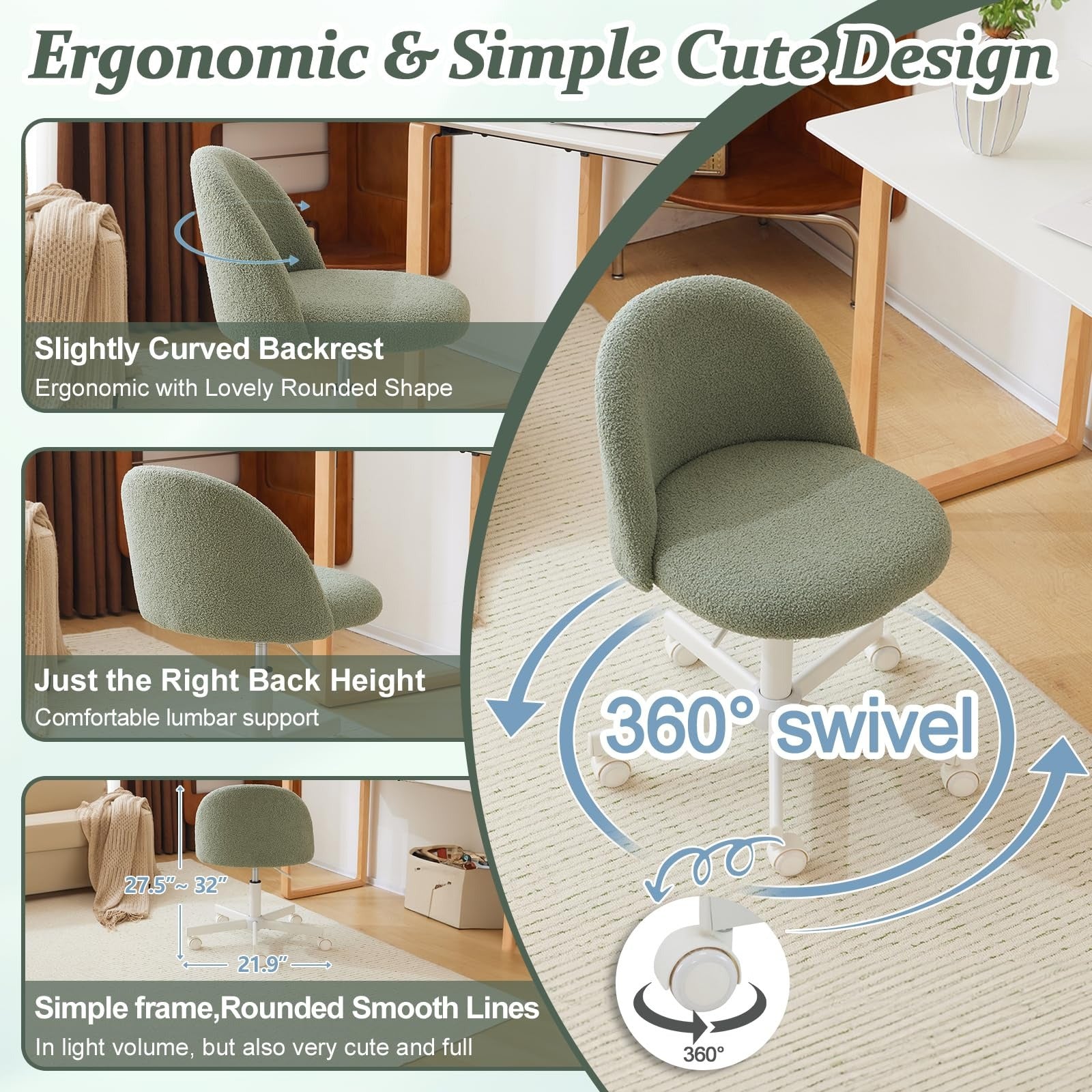 VINGLI Modern Teddy Fluffy Small Office Chair,Cute Desk Chair with Wheels,Gold Base\u002FStuds, Comfy Armless Swivel Vanity Task Chair, Nail Tech Chair for Bedroom,Small Space