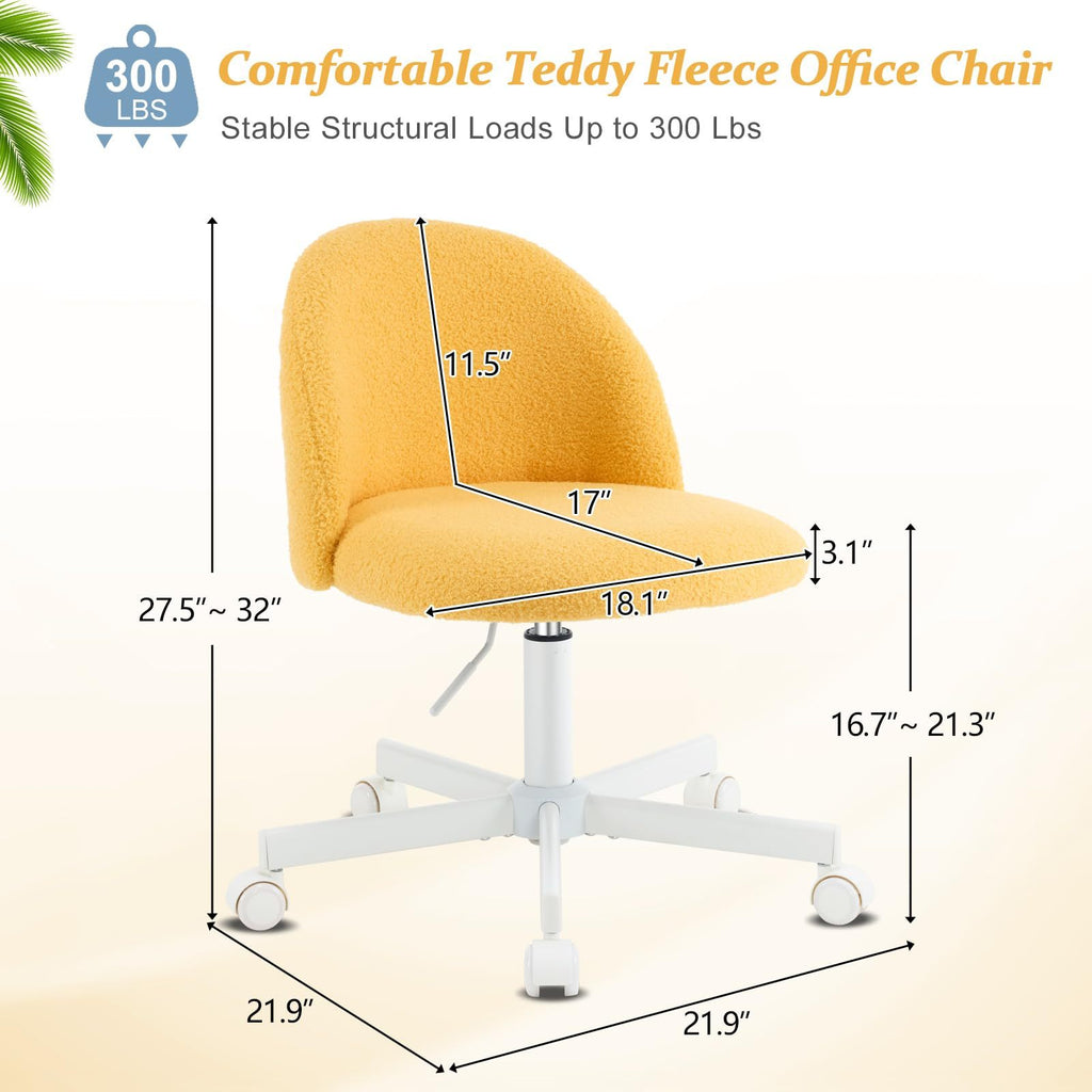 VINGLI Modern Teddy Fluffy Small Office Chair,Cute Desk Chair with Wheels,Gold Base\u002FStuds, Comfy Armless Swivel Vanity Task Chair, Nail Tech Chair for Bedroom,Small Space