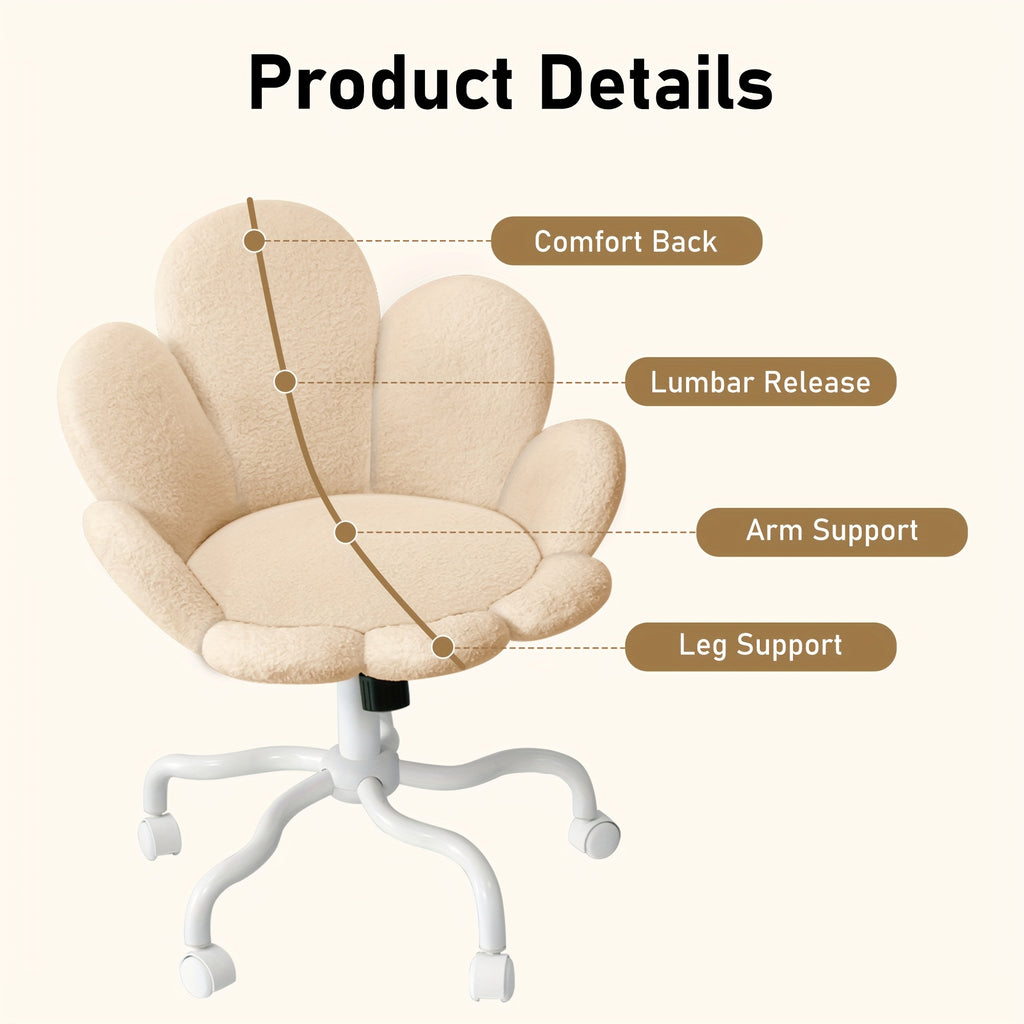 1pc Modern Adjustable Height Swivel Task Chair, Upholstered Petal Design Desk Chair with Mid-Back, Manual Rocking Operation, Painted Finish, Carpet Surface Compatible, Includes Casters - Home Office Computer Chair