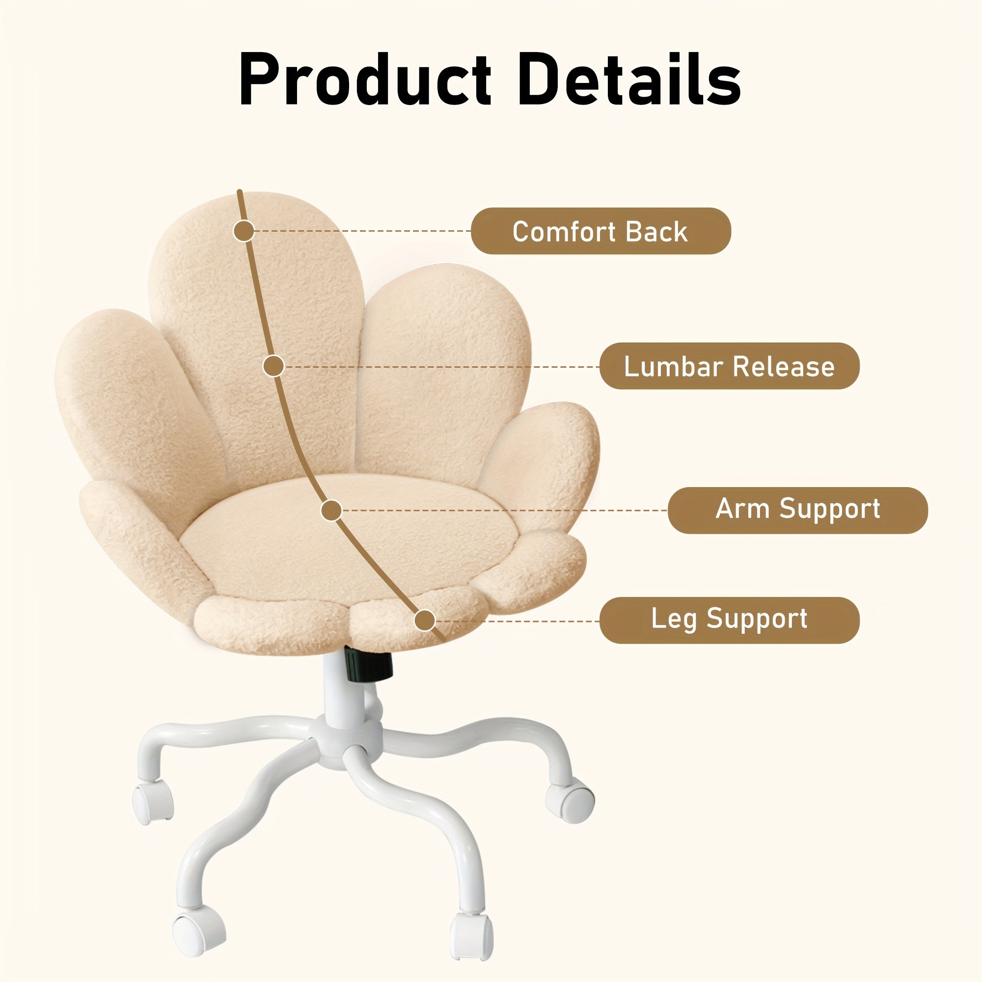 1pc Modern Adjustable Height Swivel Task Chair, Upholstered Petal Design Desk Chair with Mid-Back, Manual Rocking Operation, Painted Finish, Carpet Surface Compatible, Includes Casters - Home Office Computer Chair