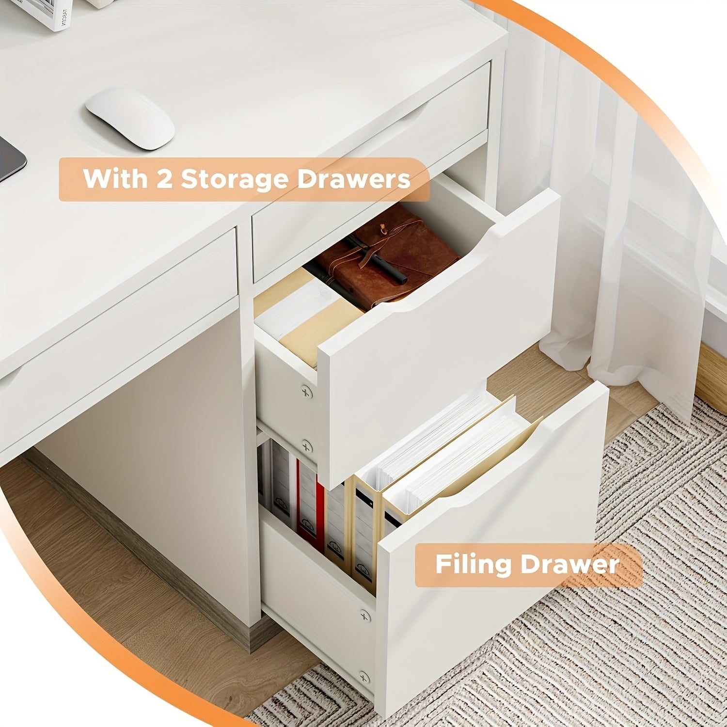 White And Walnut\u002FBrown\u002FWhite Computer Desk With Storage Drawers, Study Desk With 4 Drawers And File Cabinet, For Bedroom, Small Space, White And Walnut\u002FBrown\u002FWhite